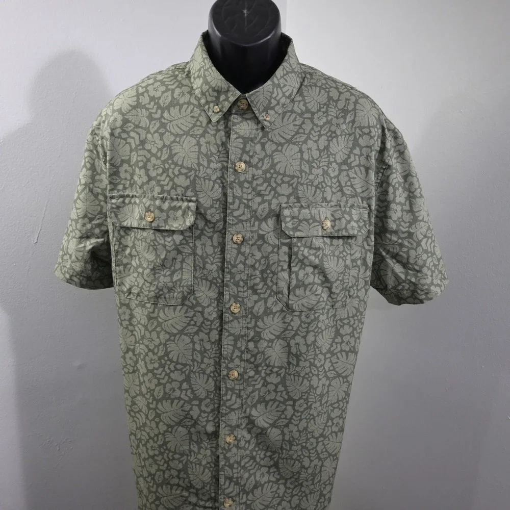 Duluth Trading Co Vented Fishing Shirt Mens 2XL Relaxed Fit Green Tropical Leaf